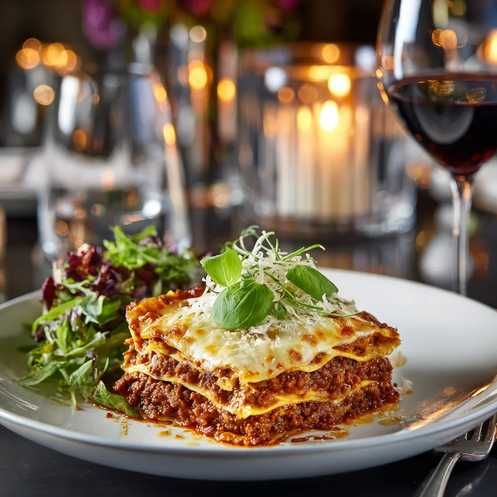Assiette de lasagnes bœuf mozzarella servies avec salade verte et verre de vin rouge
