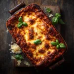 Lasagnes bœuf mozzarella dorées dans un plat à gratin avec basilic frais et parmesan