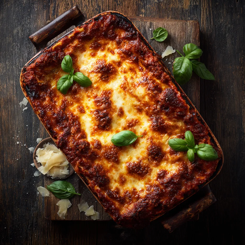 Lasagnes bœuf mozzarella dorées dans un plat à gratin avec basilic frais et parmesan