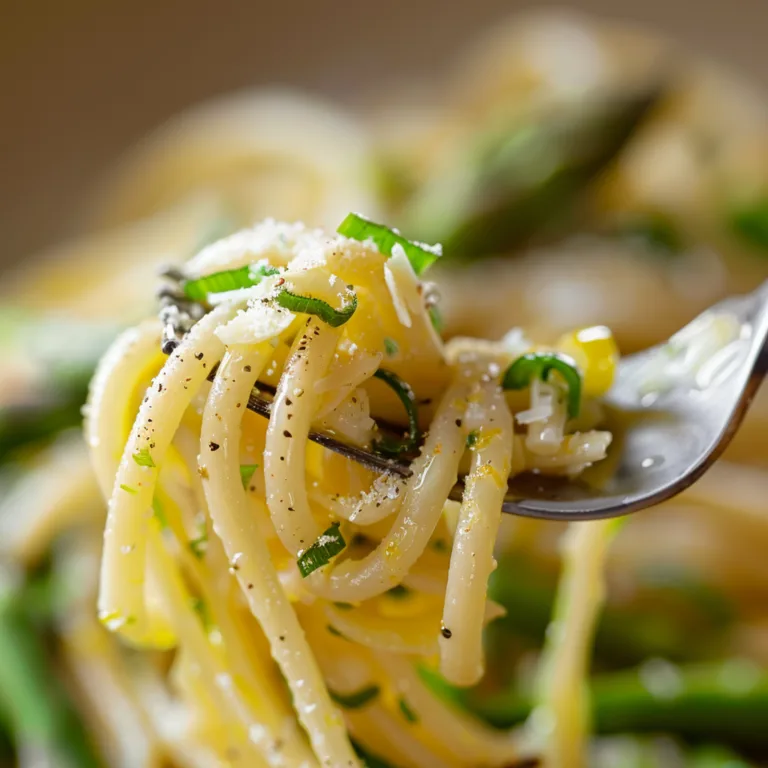 Gros plan linguine aux asperges vertes et citron avec parmesan fondu