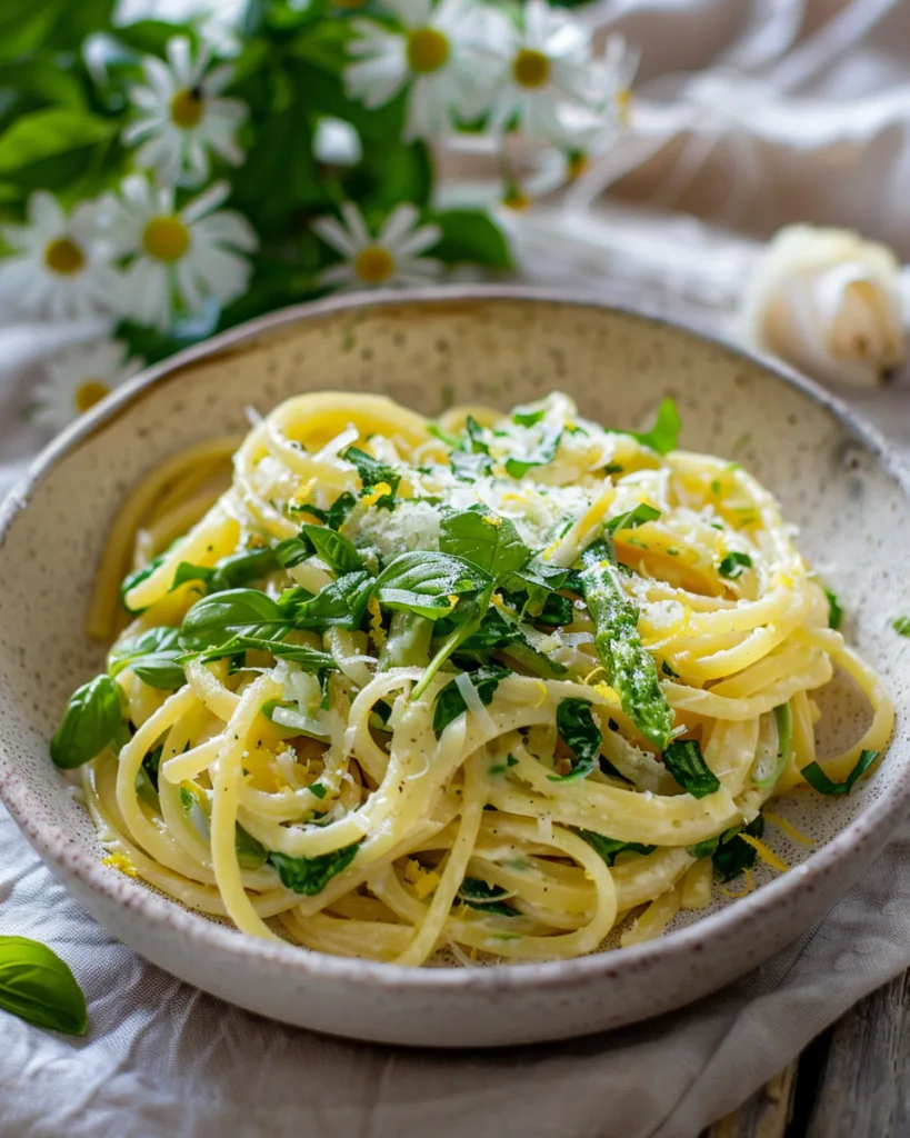 Assiette de linguine aux asperges vertes et citron dressée sur table en bois