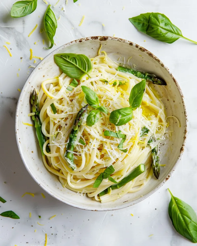 Linguine aux asperges vertes et citron vue de dessus dans un bol blanc