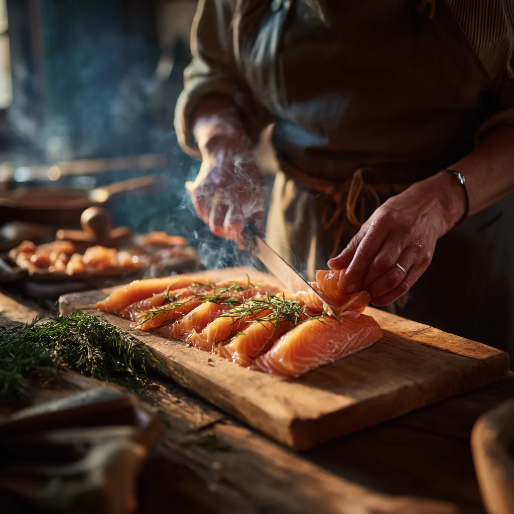 Préparation rillettes saumon fumé découpe saumon planche bois