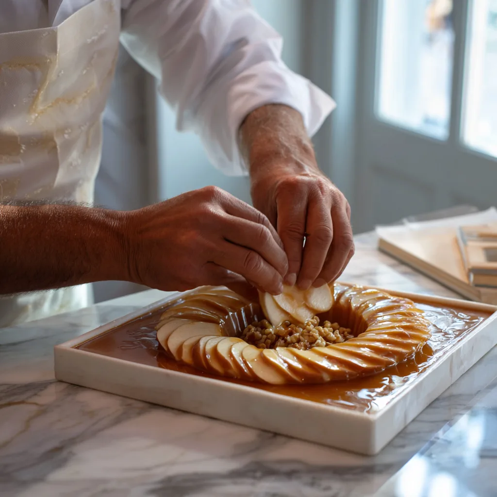 Disposition pommes et noix dans moule tarte Tatin