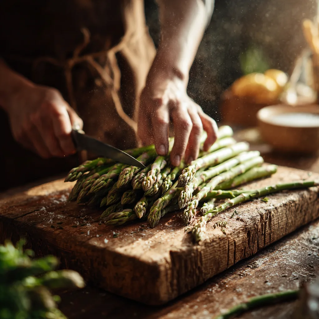 Préparation asperges grillées parmesan cassage pieds
