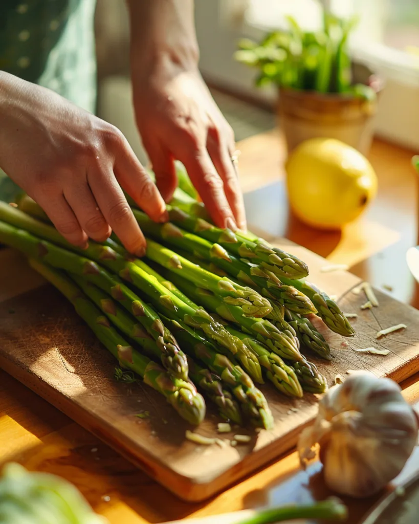 Préparation des asperges vertes pour la recette linguine asperges citron