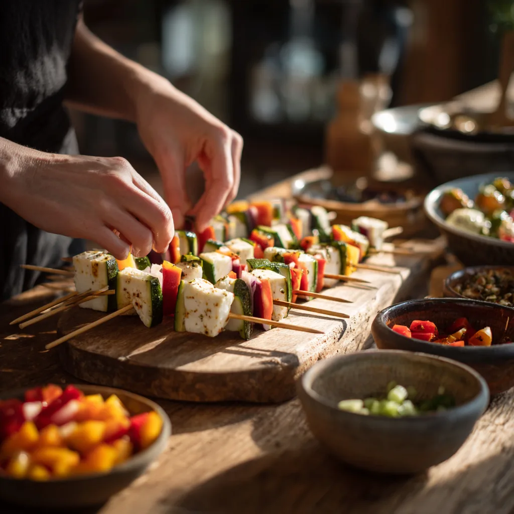 Préparation des brochettes de légumes et halloumi grillé en cuisine