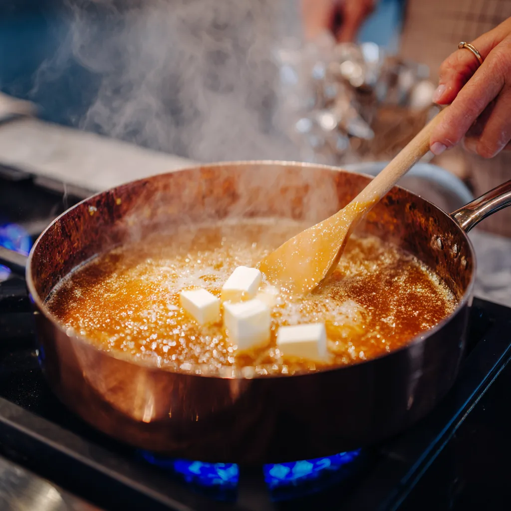 Préparation caramel pour tarte Tatin pommes et noix