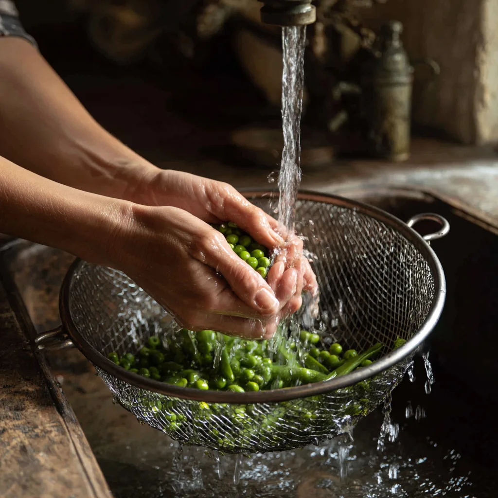 Rinçage des pois cassés dans une passoire avant la préparation de la crème