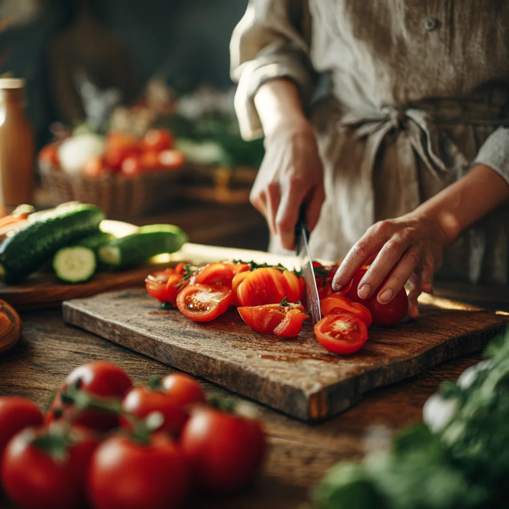 préparation gazpacho tomates et concombre découpe légumes
