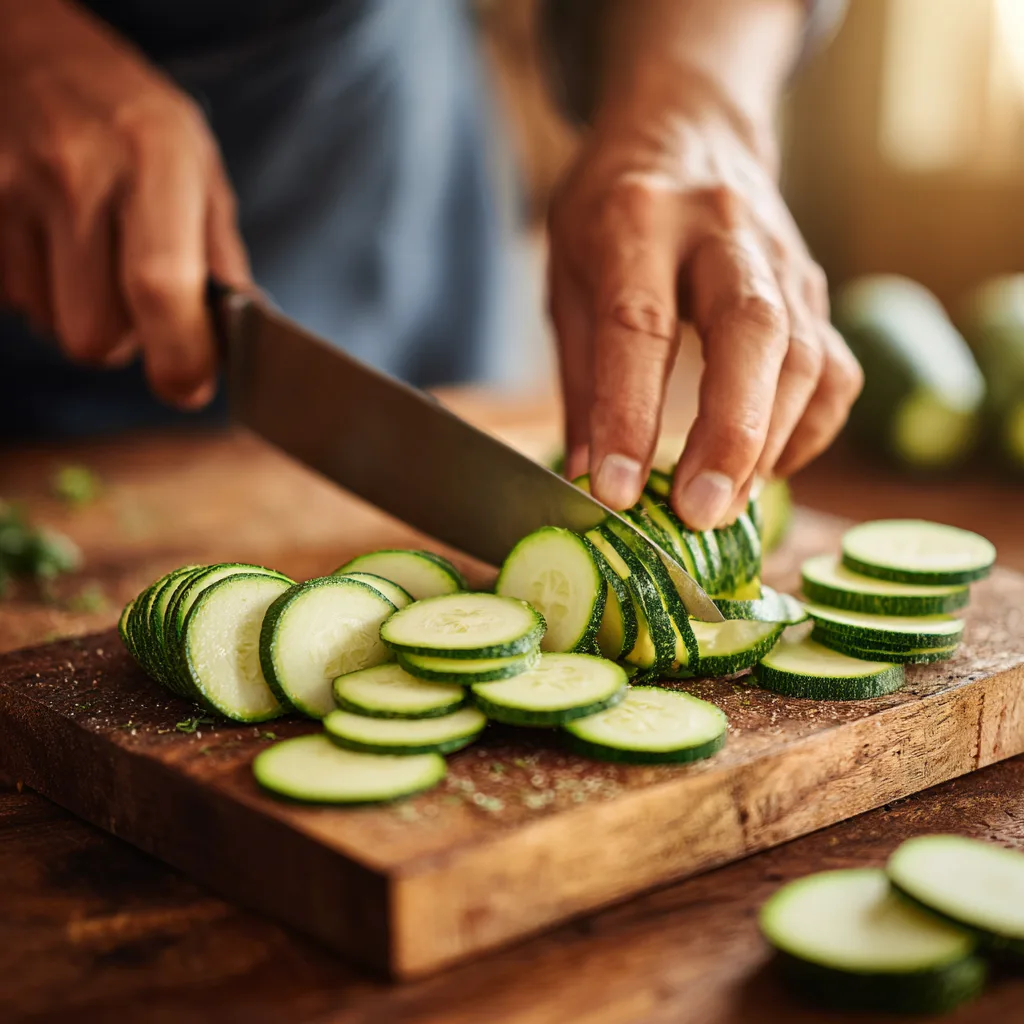 Préparation du gratin de courgettes — découpe des courgettes en rondelles