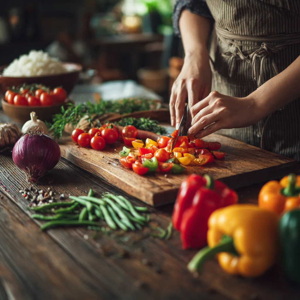 Préparation des légumes pour la salade de riz niçoise – découpe des tomates