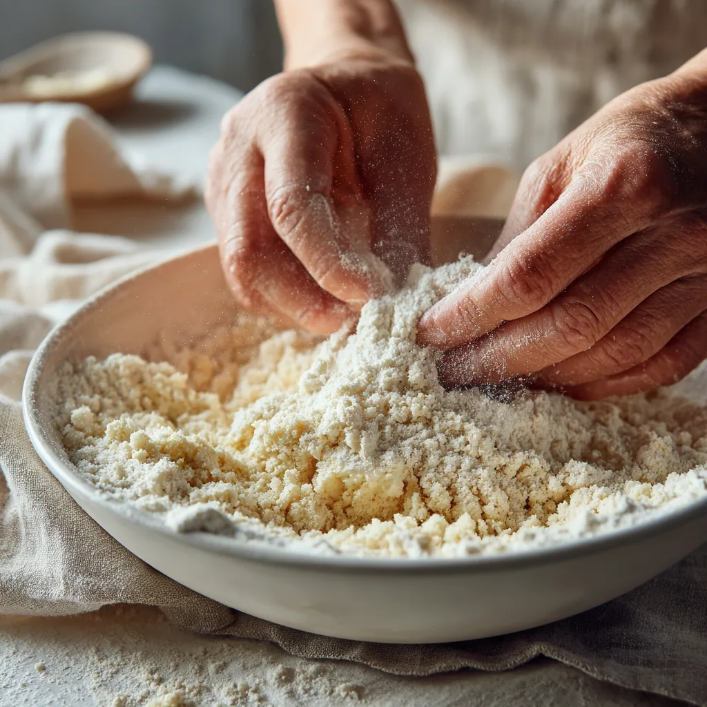 Préparation de la pâte crumble aux fruits rouges : sabler le beurre et la farine du bout des doigts