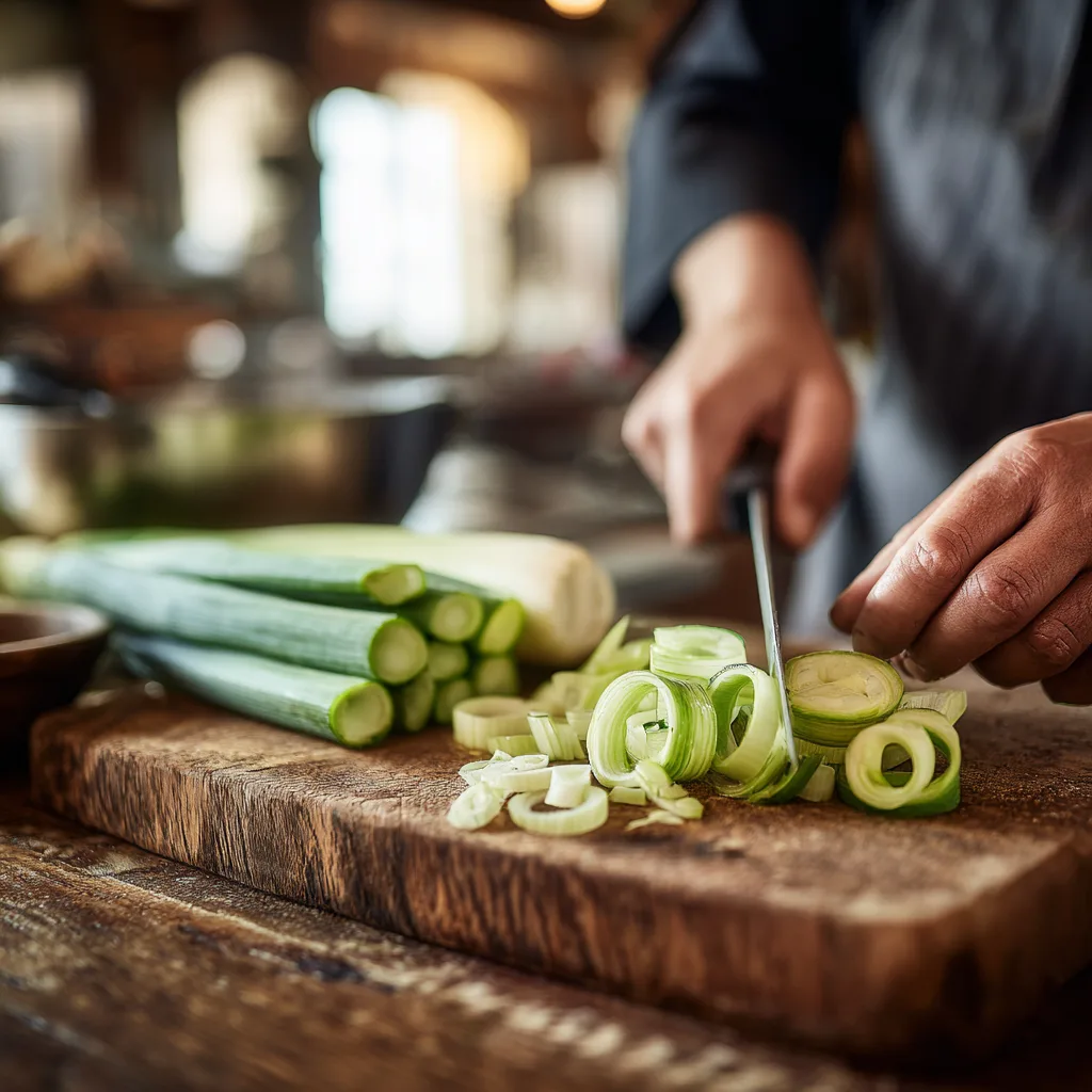 Préparation des poireaux pour la recette de tarte poireaux et chèvre, coupe en rondelles