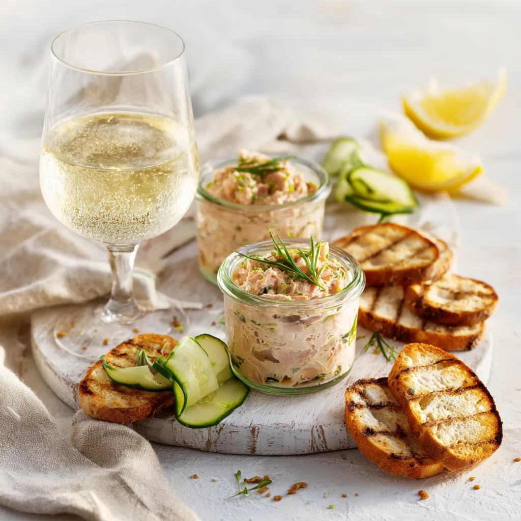 Rillettes de saumon fumé servies bocaux toasts pain seigle vin blanc
