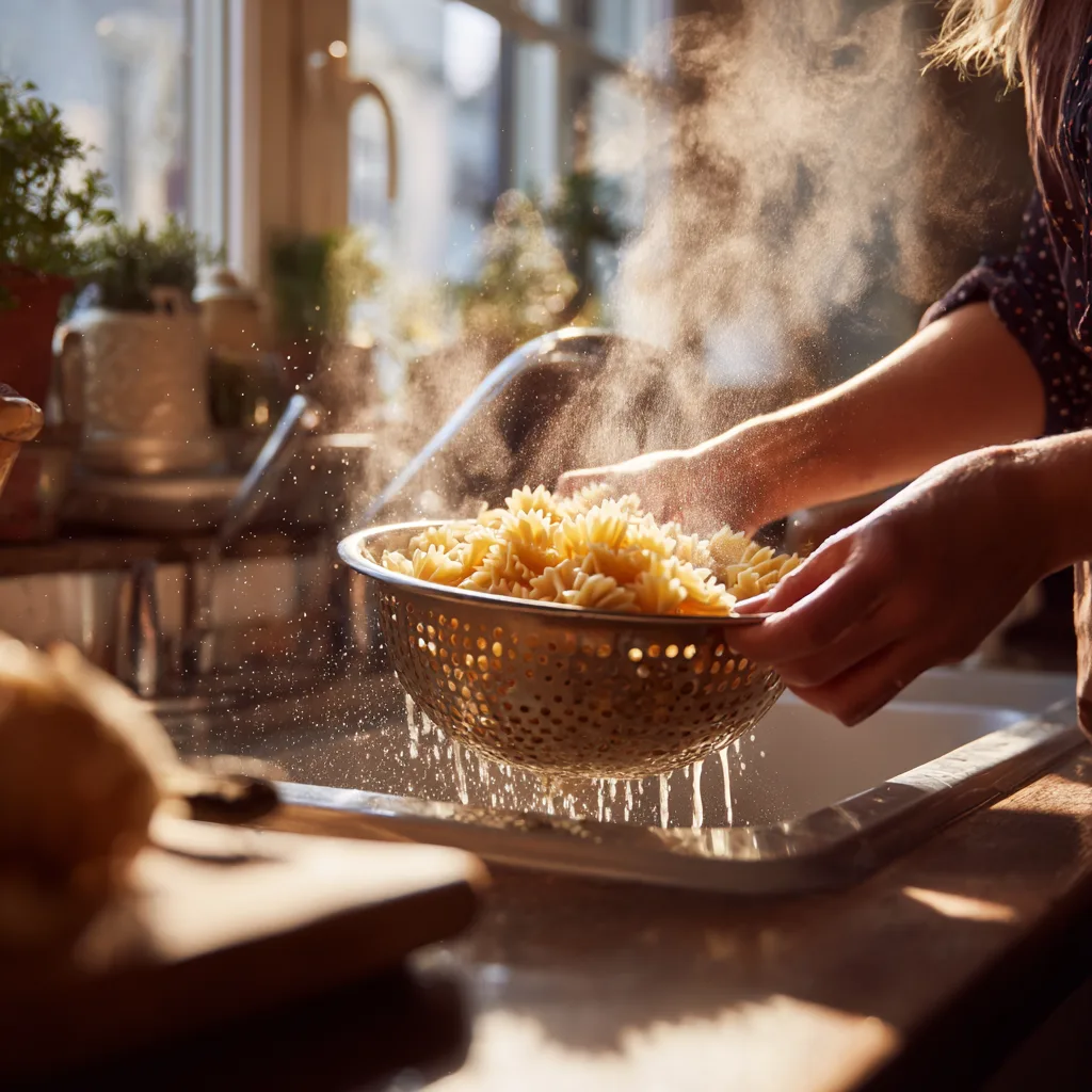 Égouttage des pâtes pour préparer une salade de pâtes au thon maison