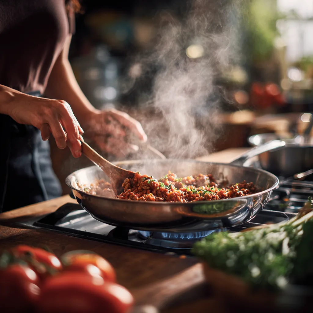Préparation de la sauce bolognaise pour lasagnes bœuf mozzarella dans une grande poêle