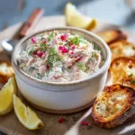 Rillettes de saumon fumé crémeuses dans un bol blanc avec aneth et baies roses