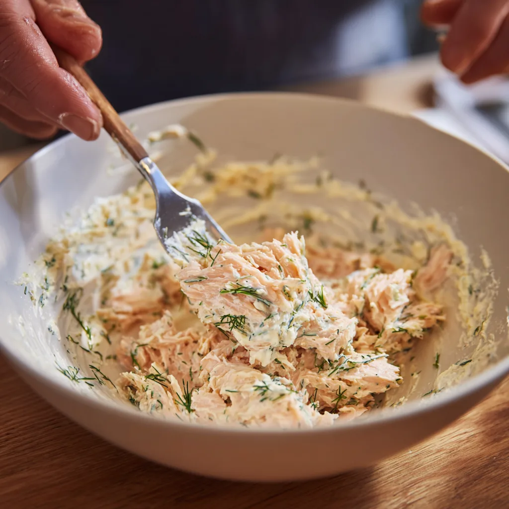 Mélange ingrédients rillettes saumon fumé bol blanc fourchette
