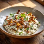 Risotto aux champignons sauvages crémeux vue de dessus avec cèpes et parmesan
