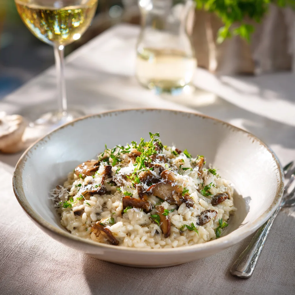 Risotto aux champignons sauvages crémeux dressé dans assiette blanche avec parmesan et herbes