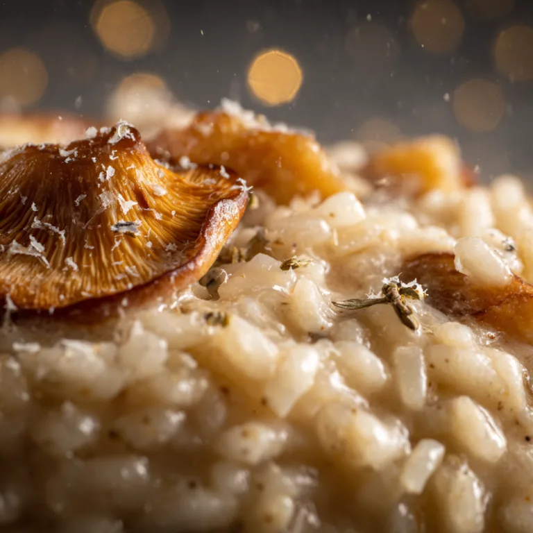 Gros plan texture crémeuse risotto aux champignons sauvages parmesan fondu