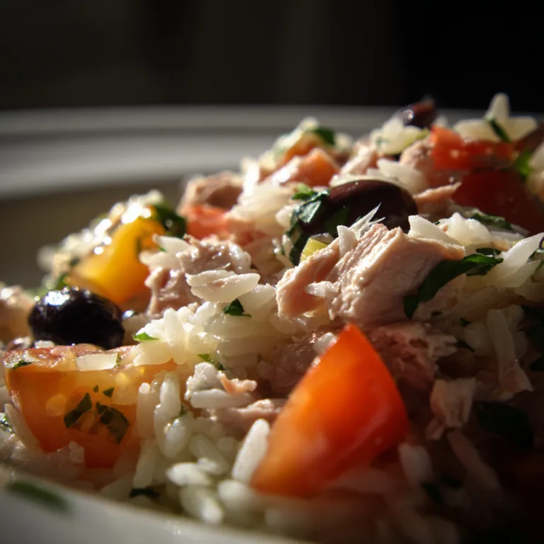 Gros plan sur les ingrédients de la salade de riz niçoise – riz, thon et olives