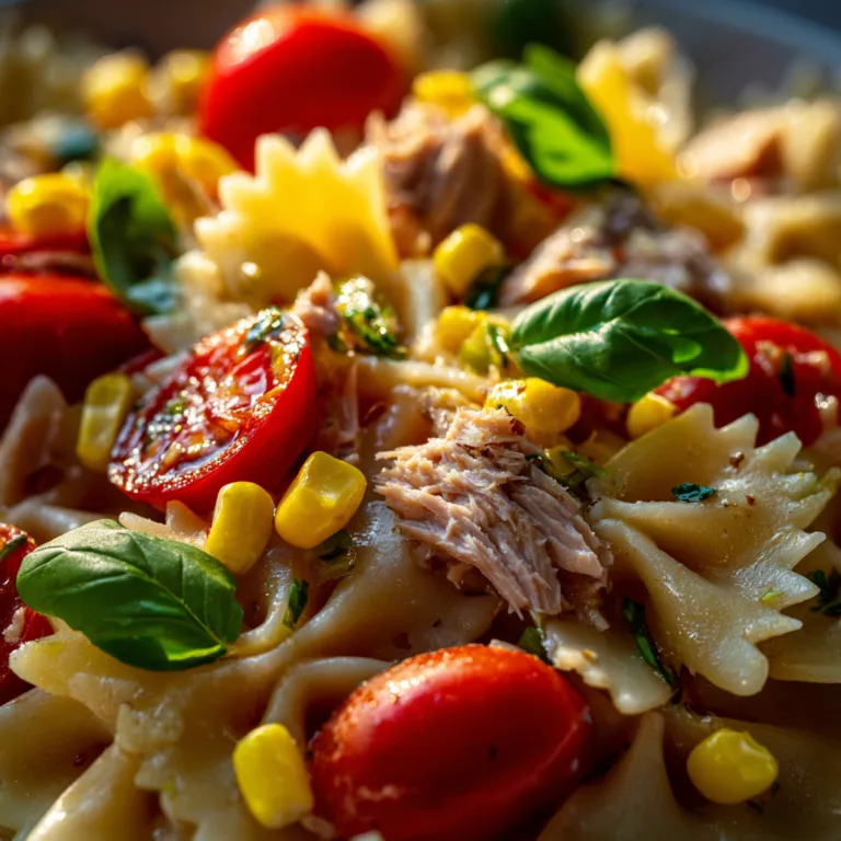 Gros plan salade de pâtes au thon avec texture du thon émietté et pâtes farfalle
