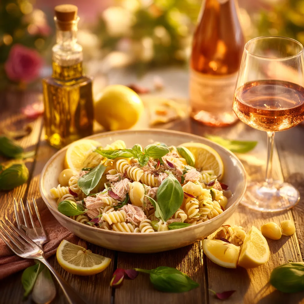 Salade de pâtes au thon fraîche servie sur table estivale avec citron et basilic