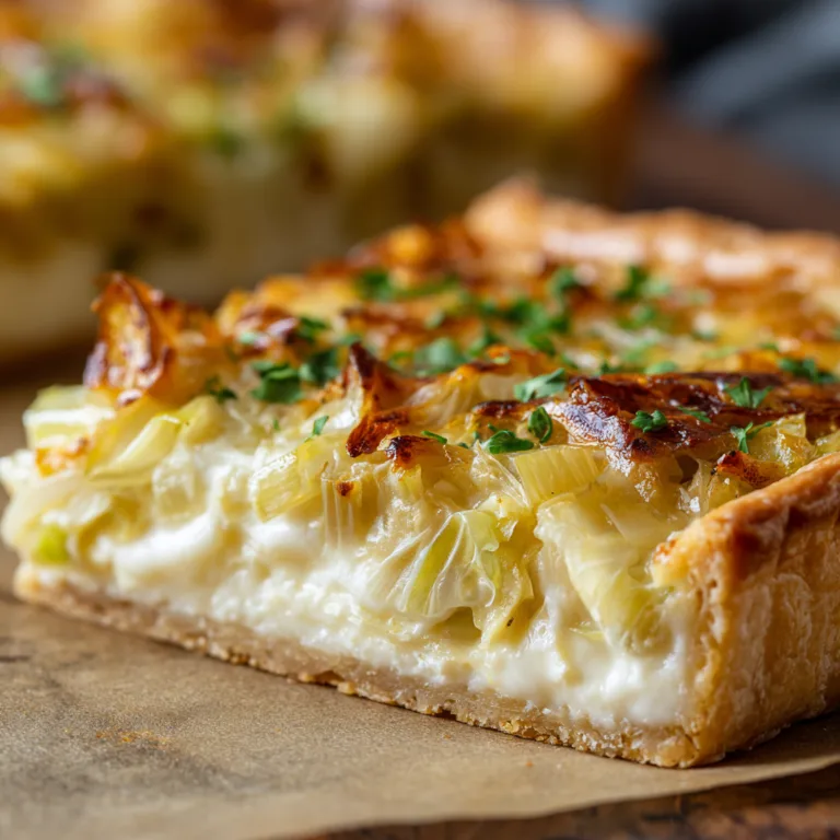 Gros plan d'une part de tarte poireaux et chèvre avec fromage fondu et pâte croustillante