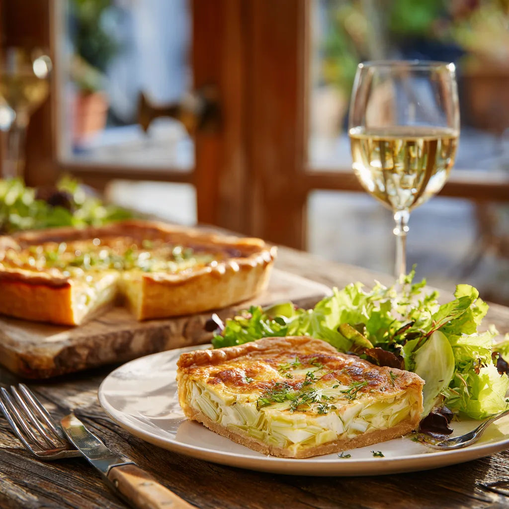 Tarte poireaux et chèvre présentée sur une table avec salade verte et verre de vin blanc