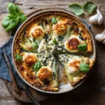 Tarte poireaux et chèvre vue de dessus, découpée en parts sur une table en bois rustique