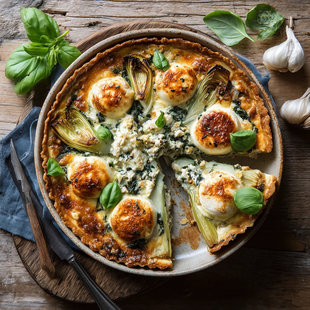 Tarte poireaux et chèvre vue de dessus, découpée en parts sur une table en bois rustique