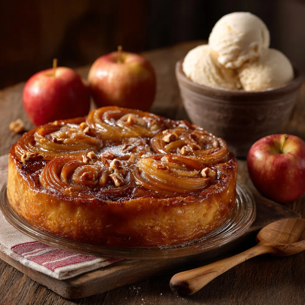 Tarte Tatin pommes et noix servie avec glace vanille
